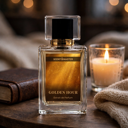 Golden Hour perfume in a cozy winter evening lifestyle setting