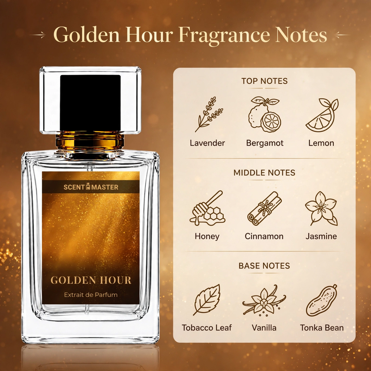 Golden Hour fragrance notes infographic showing top, middle, and base notes