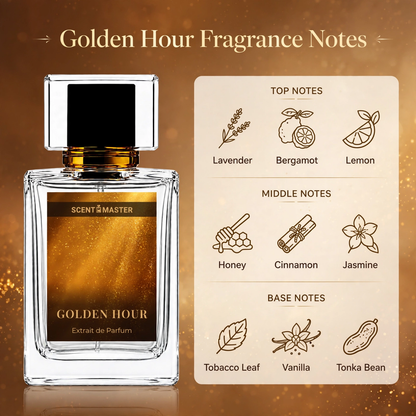Golden Hour fragrance notes infographic showing top, middle, and base notes