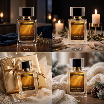 Golden Hour perfume occasion split layout showing evening, date night, special occasion, and winter scenes