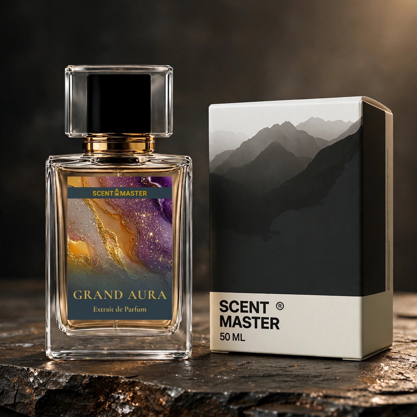 Grand Aura perfume bottle and packaging box by Scent Master