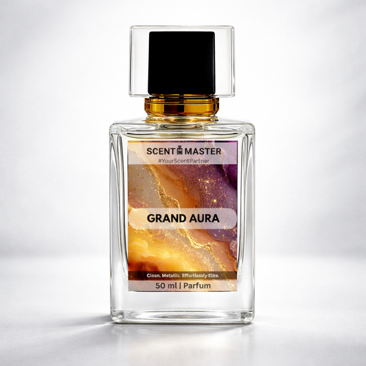 Perfume bottle labeled 'Grand Aura' by Scent Master on a white background