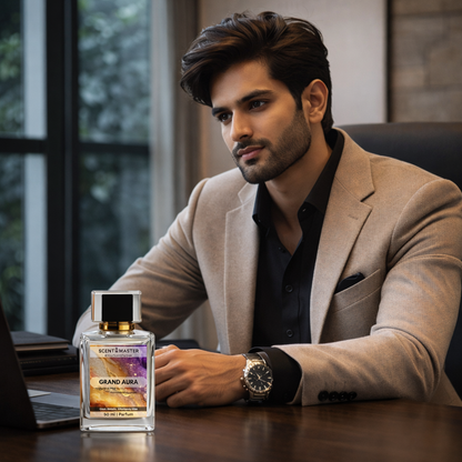 Man in a suit sitting at a desk with a bottle of 'Grand Aura' perfume in front of him.