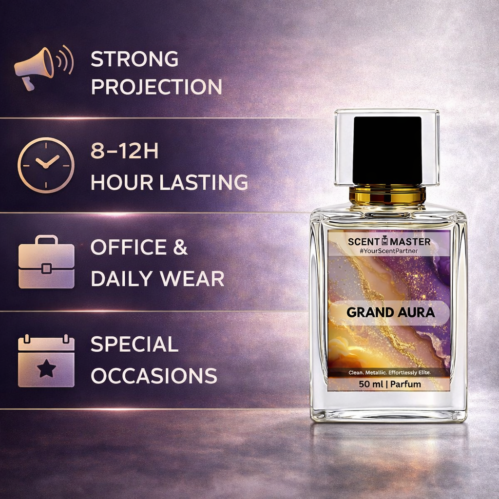 Perfume bottle Grand Aura with features listed on a gradient background