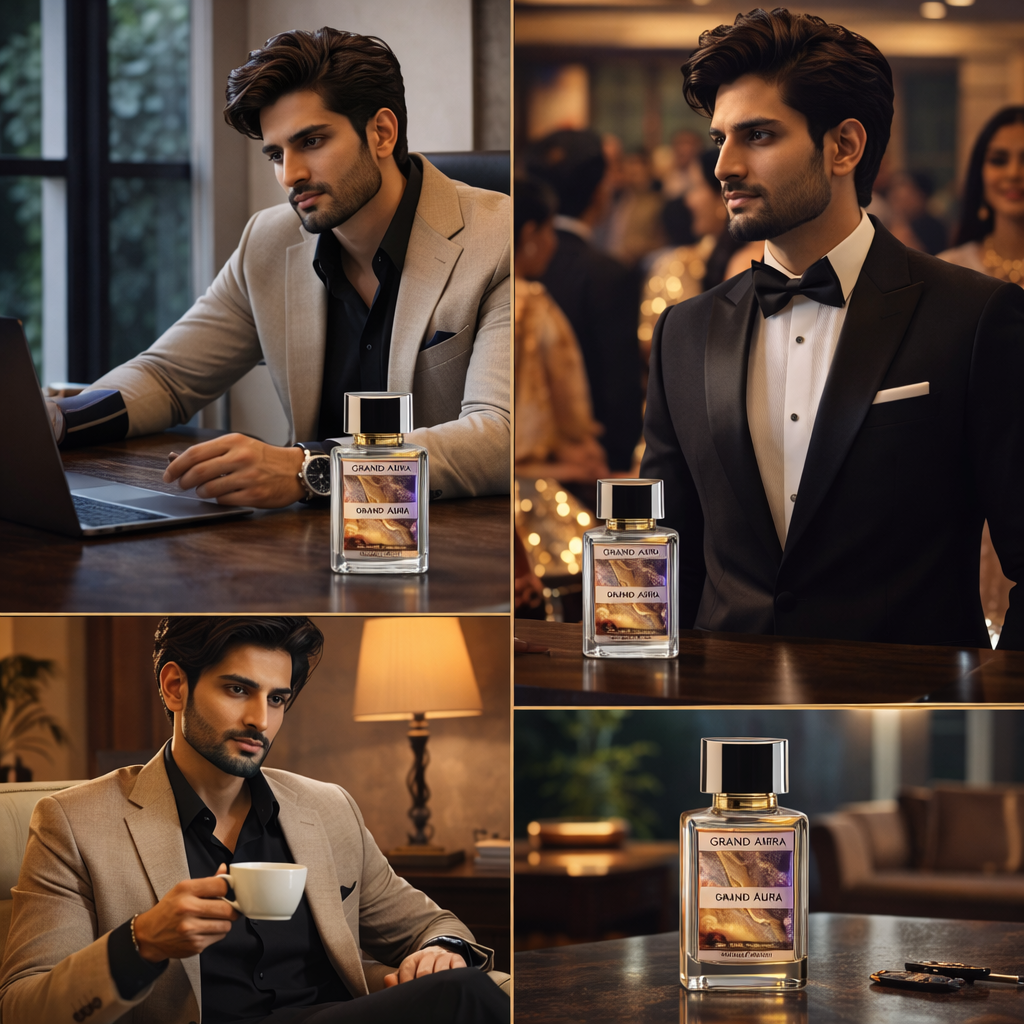 Collage of a man in formal attire with a perfume bottle labeled 'Grand Aura'.