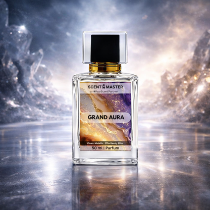 Perfume bottle labeled 'Grand Aura' by Scent Master on a reflective surface with a cosmic background.