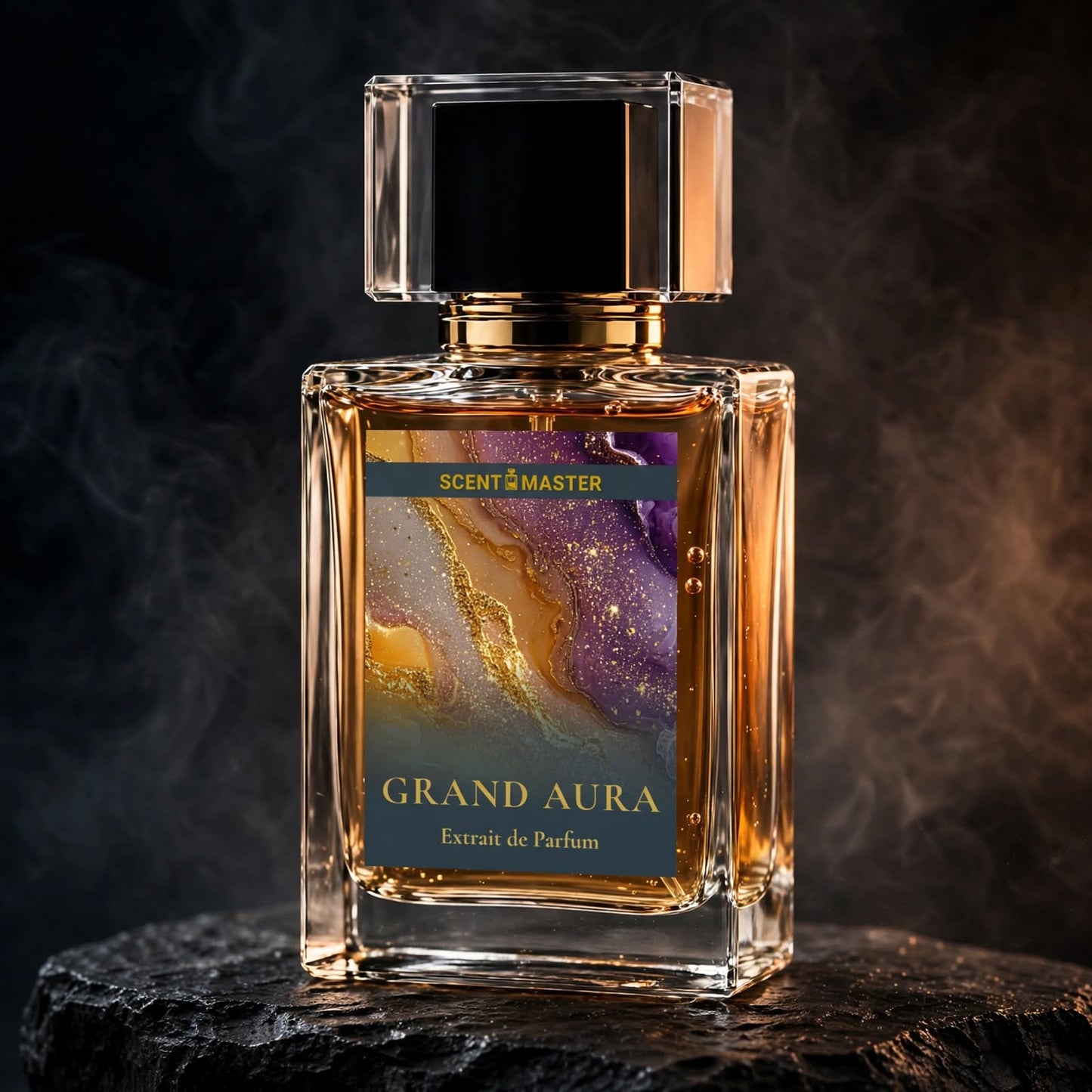 Cinematic luxury photograph of Grand Aura perfume bottle