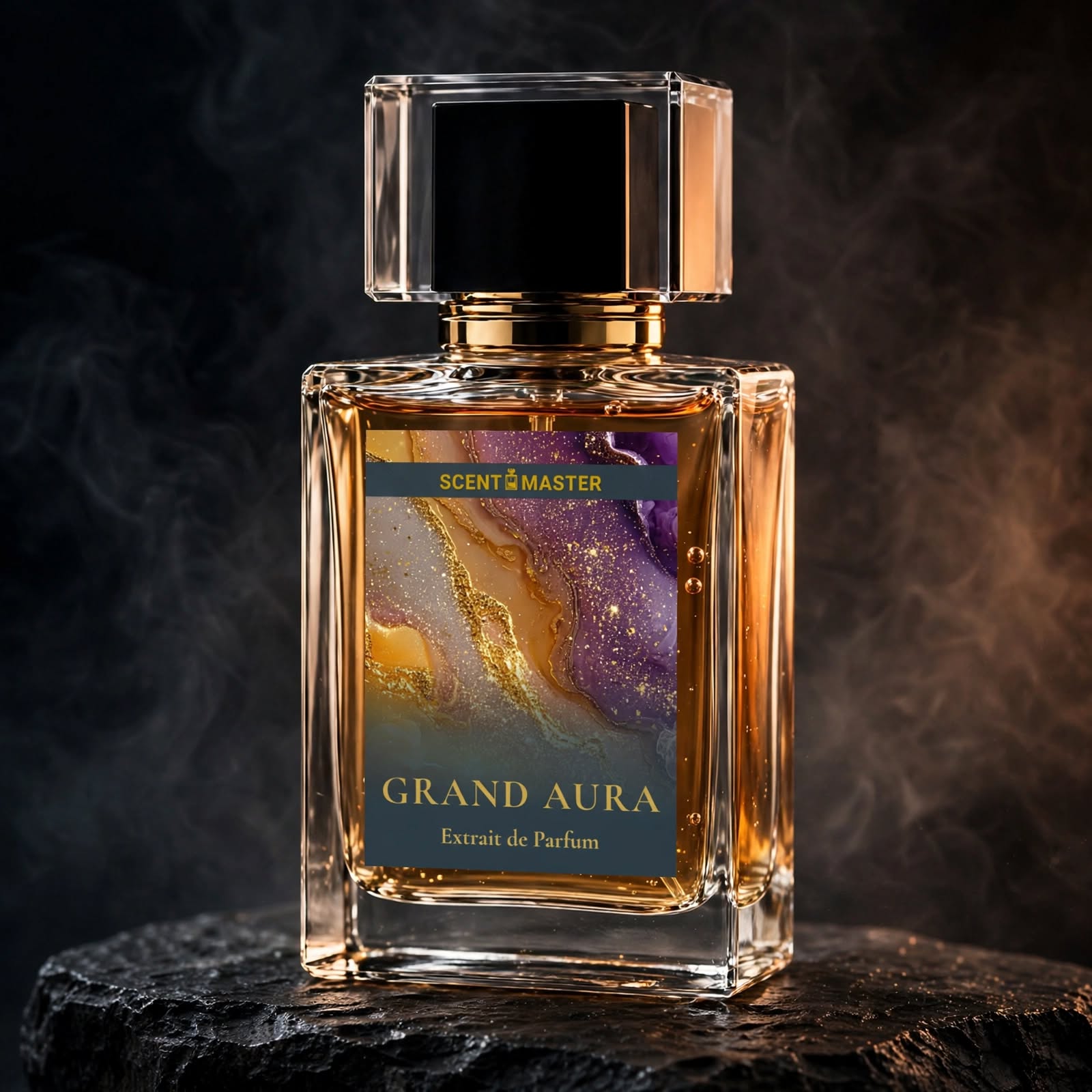 Cinematic luxury photograph of Grand Aura perfume bottle