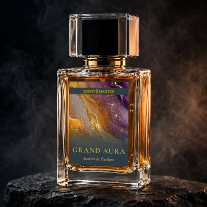 Cinematic luxury photograph of Grand Aura perfume bottle
