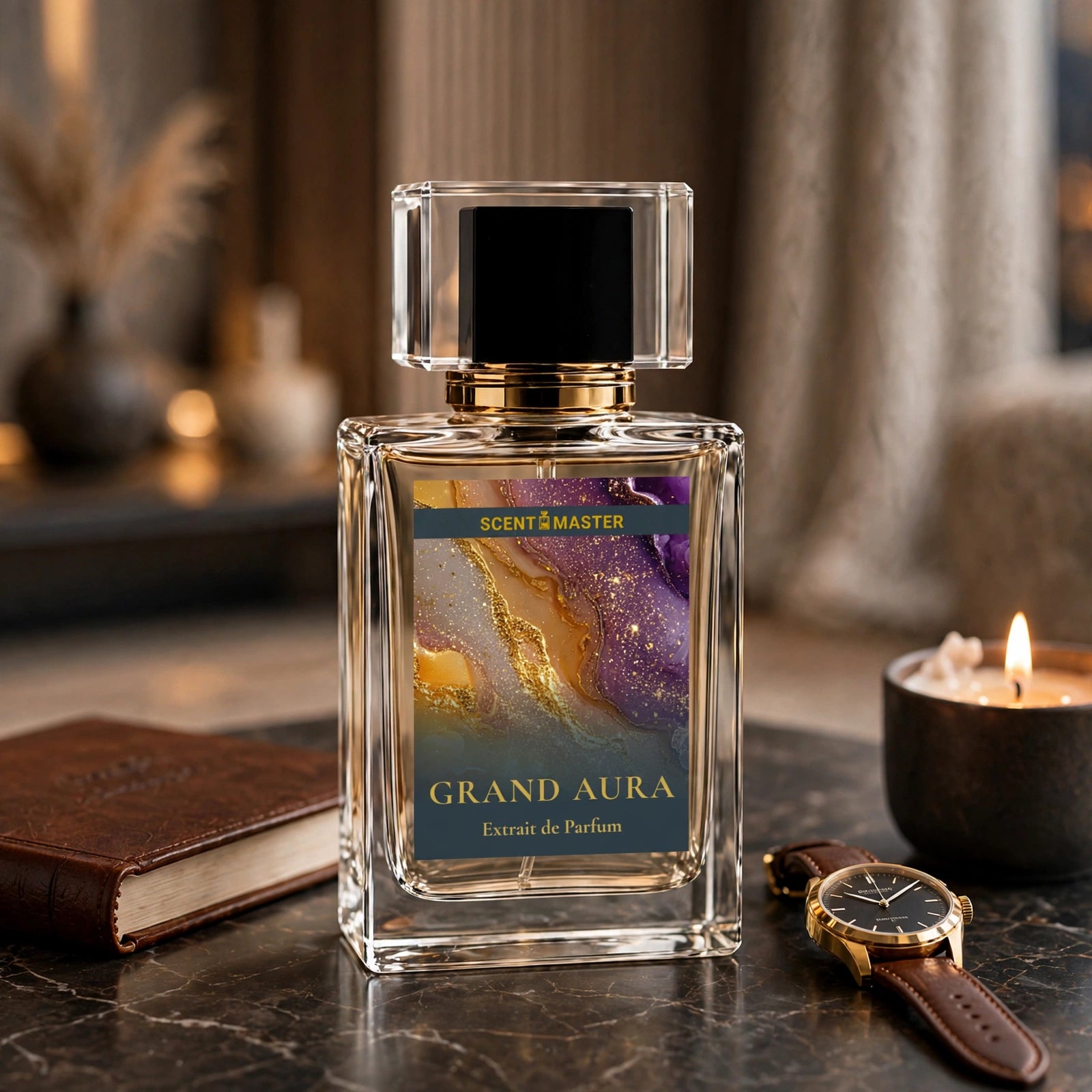 Grand Aura perfume in a luxury evening lifestyle setting