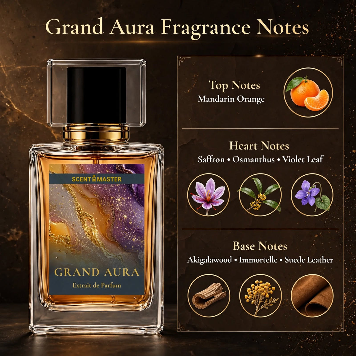 Grand Aura fragrance notes infographic showing top, middle, and base notes