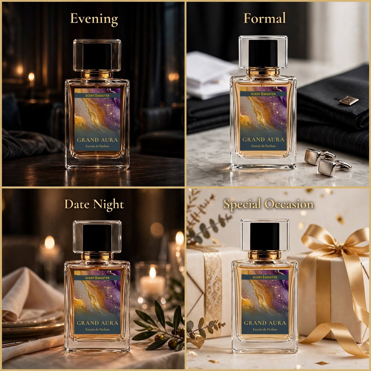 Grand Aura perfume styled across evening, formal, date night, and special occasion settings