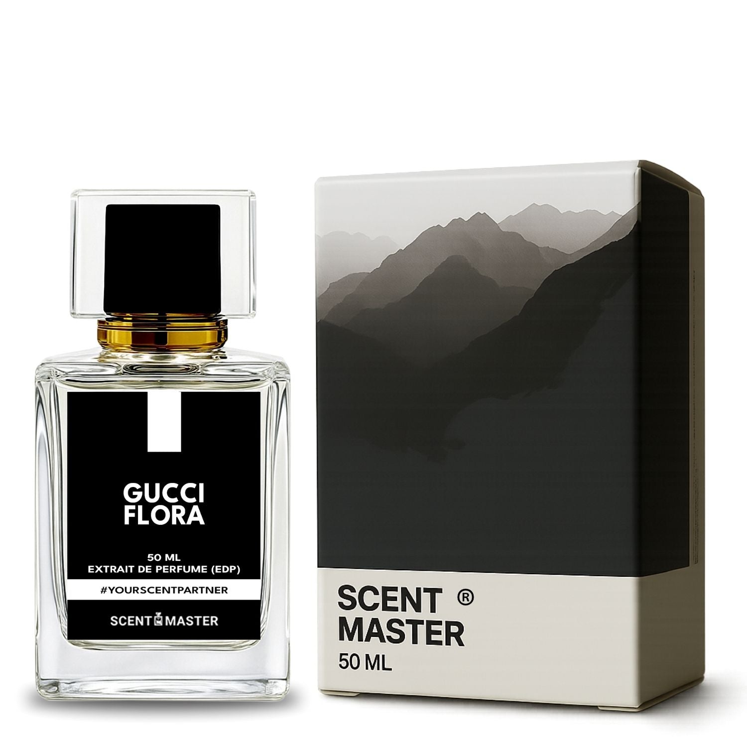 Gucci Flora perfume bottle with packaging featuring mountain design on a white background