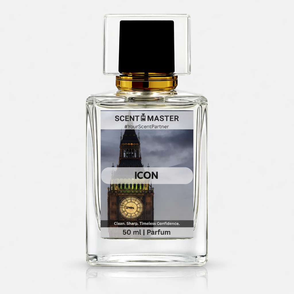 Perfume bottle labeled 'ICON' by Scent Master on a white background