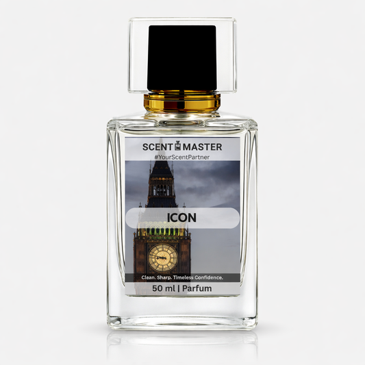 Perfume bottle labeled 'ICON' by Scent Master on a white background