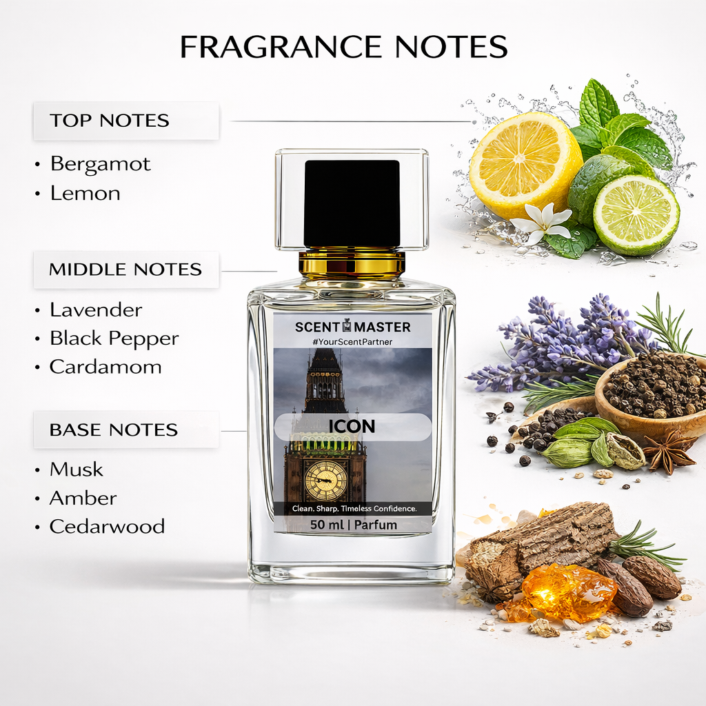 Perfume bottle labeled 'Icon' with fragrance notes and corresponding ingredients displayed.