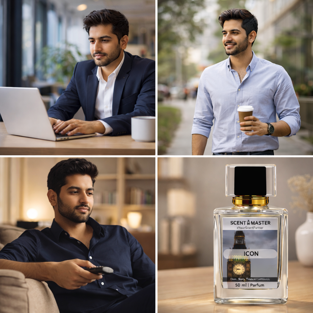 Collage of a man in different settings with a bottle of Scent Master Icon perfume.