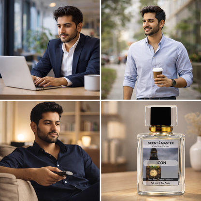 Collage of a man in different settings with a bottle of Scent Master Icon perfume.