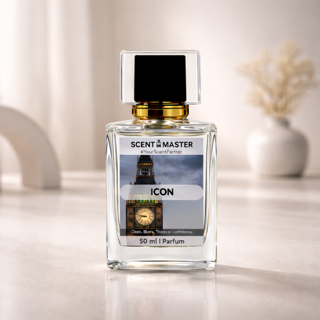 Perfume bottle labeled 'Scent Master Icon' on a neutral background