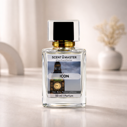 Perfume bottle labeled 'Scent Master Icon' on a neutral background
