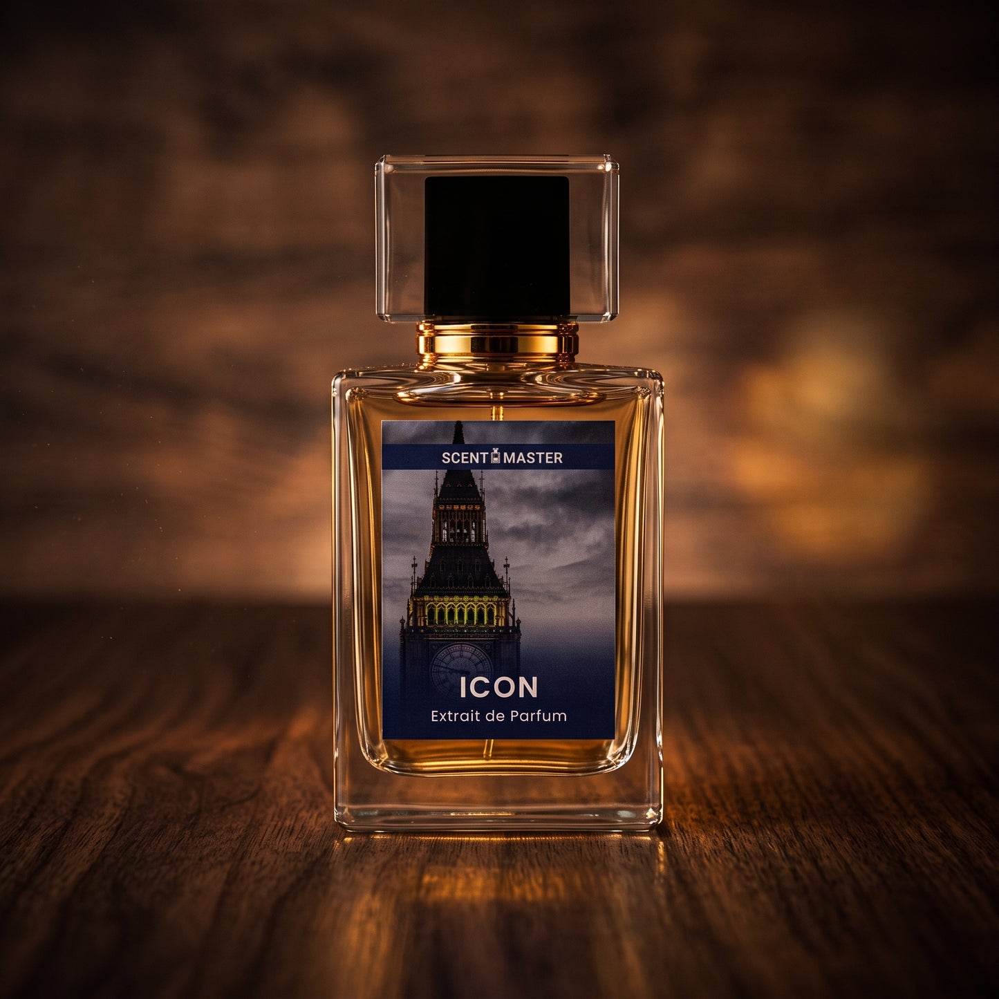 Cinematic commercial photograph of the uploaded Icon perfume bottle placed on a dark wood surface with warm, moody directional lighting. Soft shadows, subtle amber reflections, and a shallow depth of field creating a premium, confident atmosphere. Photorealistic, high-end advertising quality.