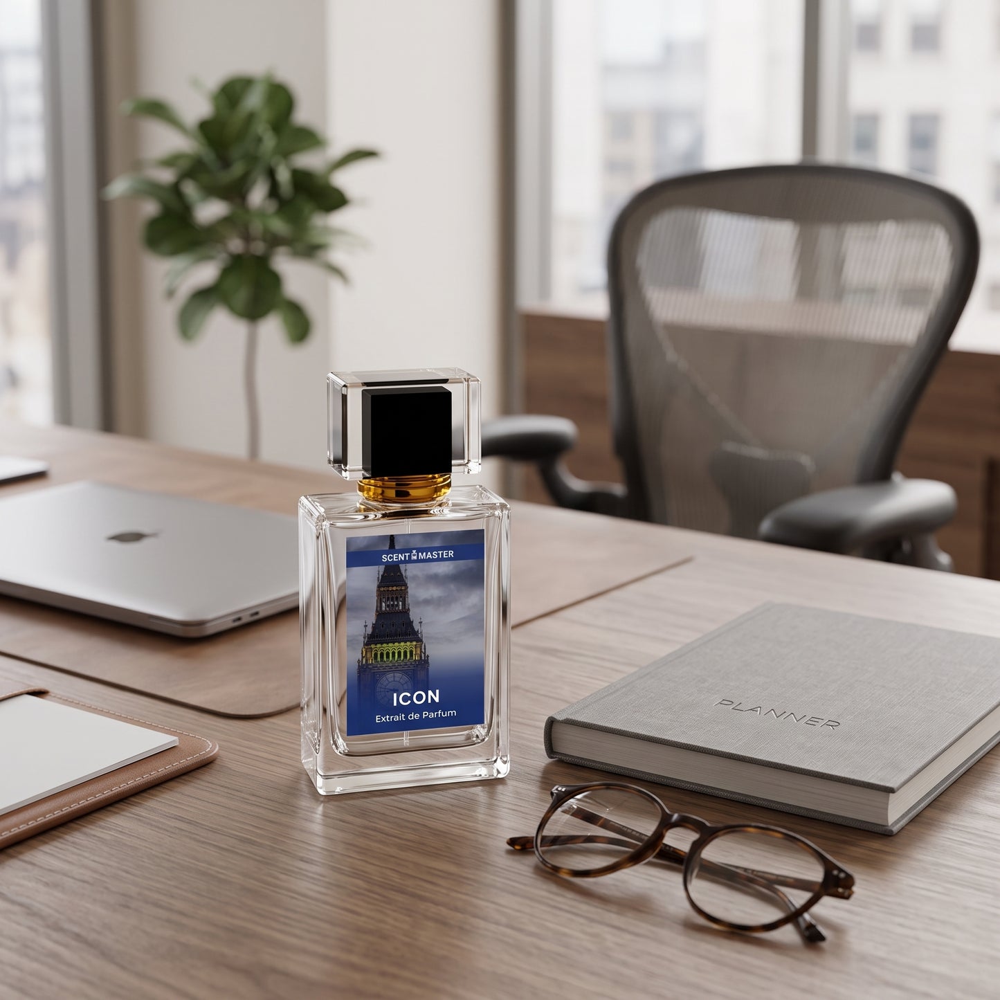 Icon Fresh Woody Mens Perfume in a modern office lifestyle setting