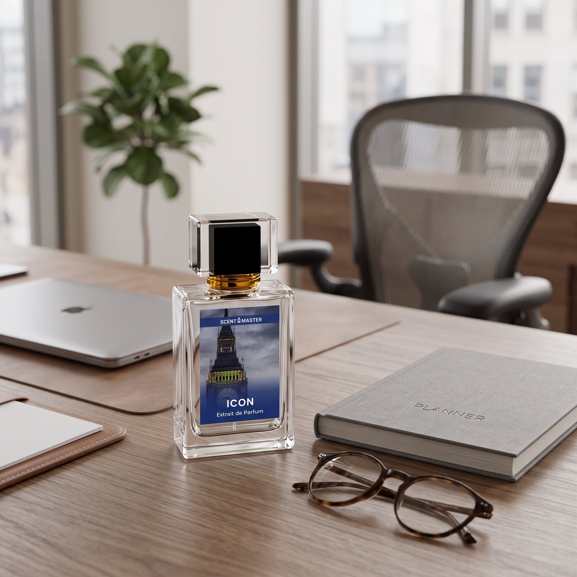 Icon Fresh Woody Mens Perfume in a modern office lifestyle setting