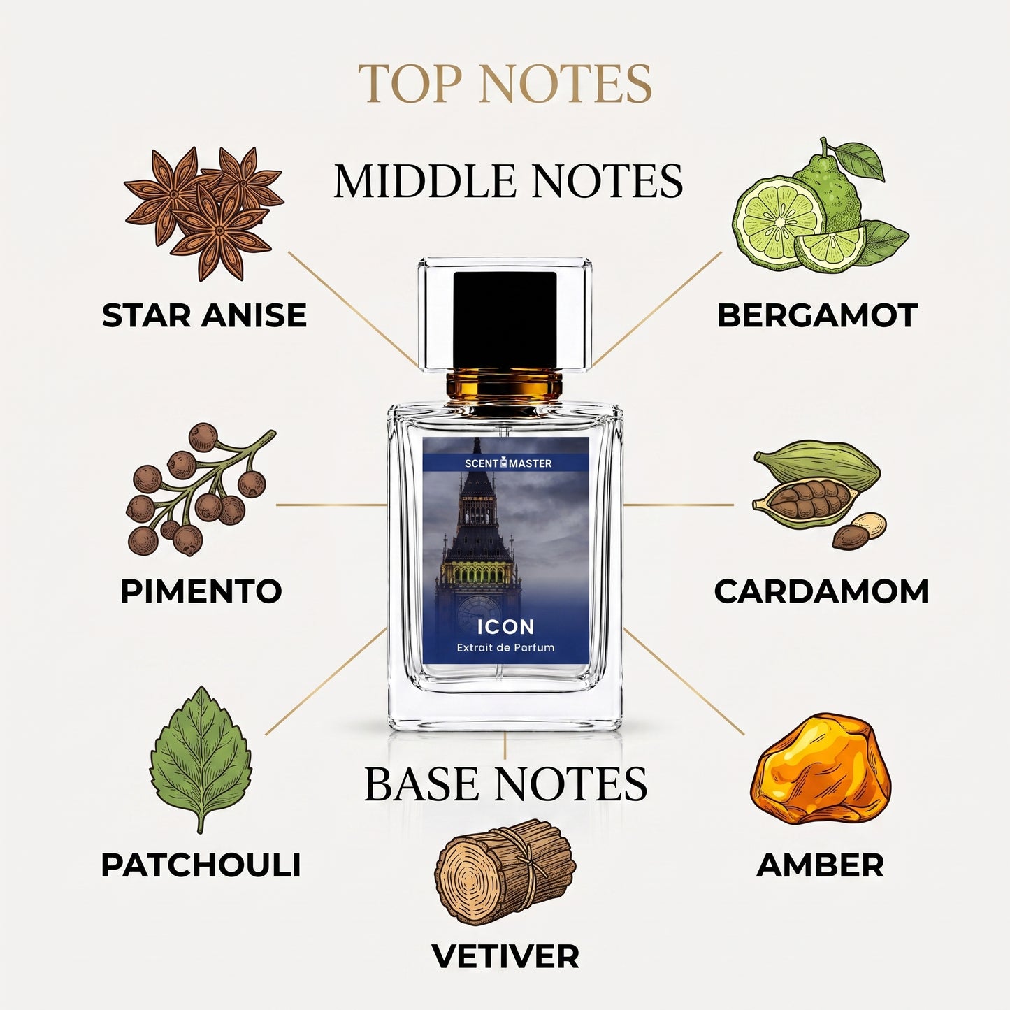 Icon Fresh Woody Mens Perfume fragrance notes infographic