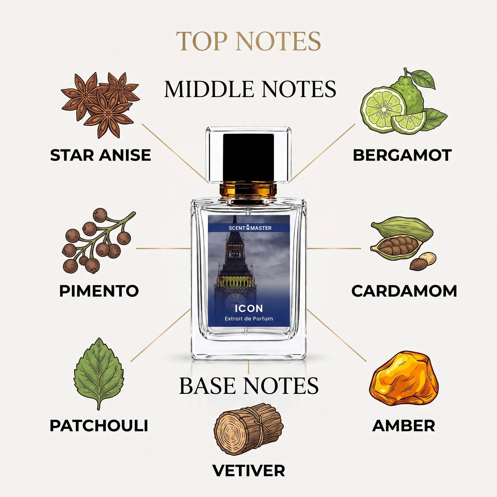 Icon Fresh Woody Mens Perfume fragrance notes infographic