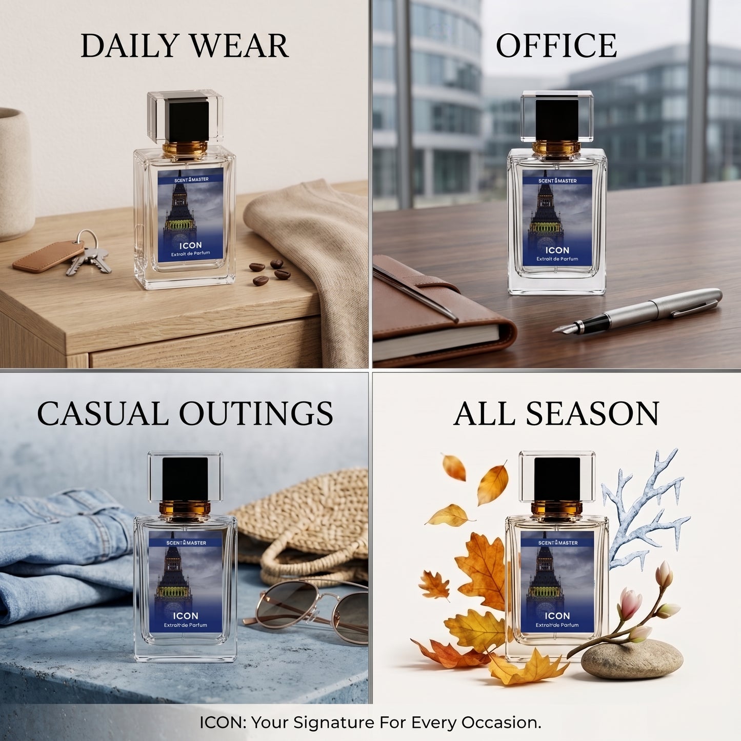 Icon Fresh Woody Mens Perfume occasion split layout for daily wear, office, casual outings, and all season