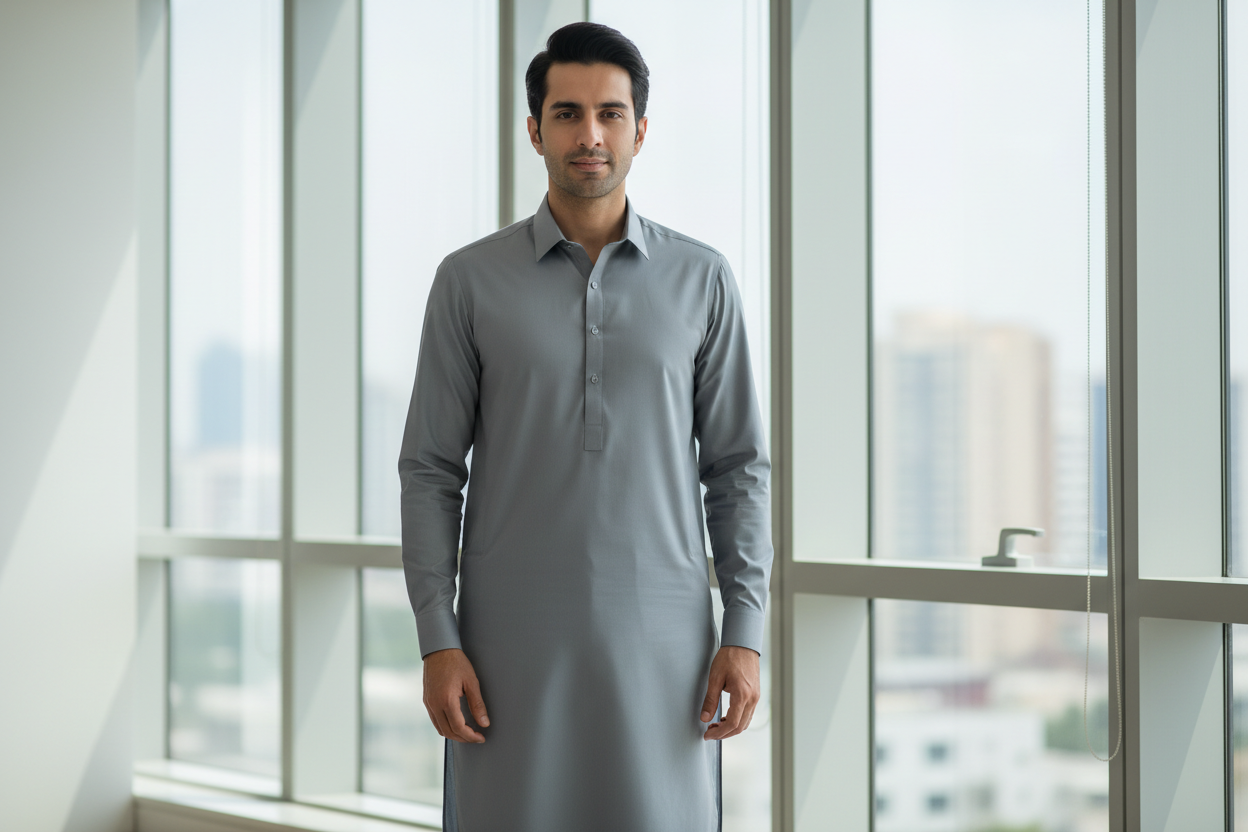 Pakistani man wearing silver grey Breeze wash and wear shalwar kameez in modern office business setting