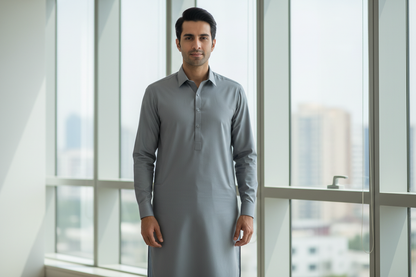 Pakistani man wearing silver grey Breeze wash and wear shalwar kameez in modern office business setting