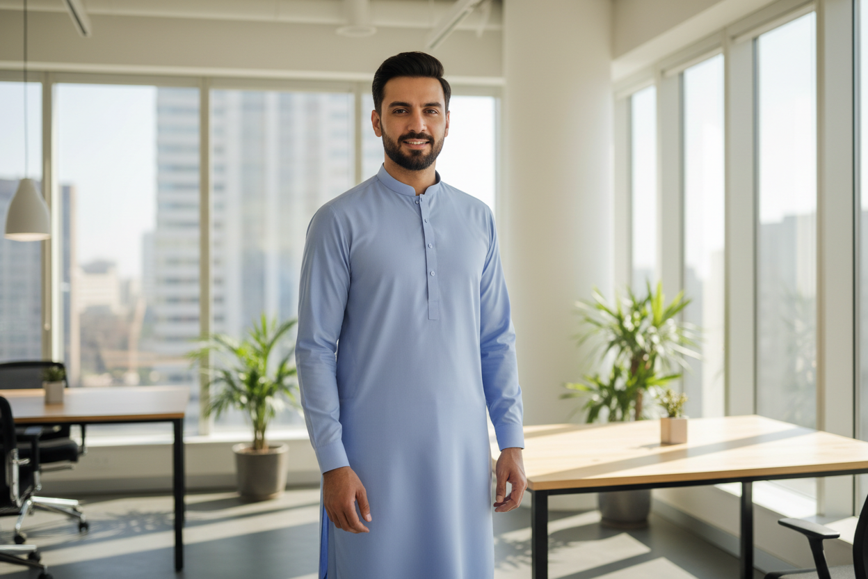 Pakistani man wearing sky blue Breeze wash and wear shalwar kameez in modern office business setting