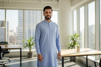 Pakistani man wearing sky blue Breeze wash and wear shalwar kameez in modern office business setting