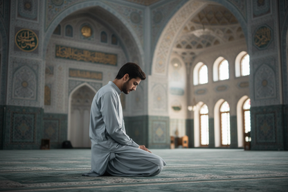 Man praying in silver grey premium wash and wear shalwar kameez in mosque