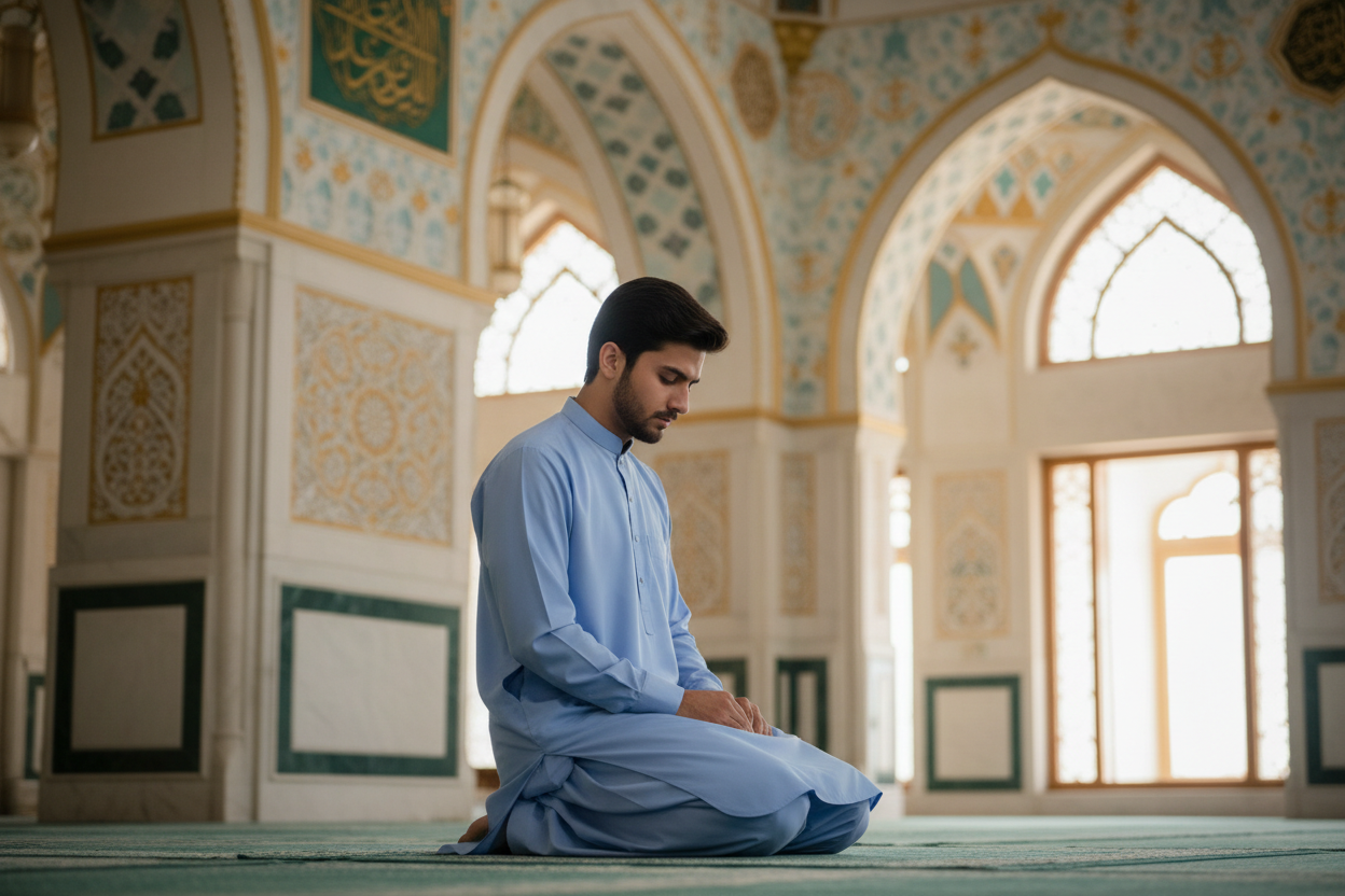 Man praying in sky blue premium wash and wear shalwar kameez in mosque