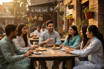 Casual lifestyle photo of man in silver grey Breeze fabric at outdoor cafe