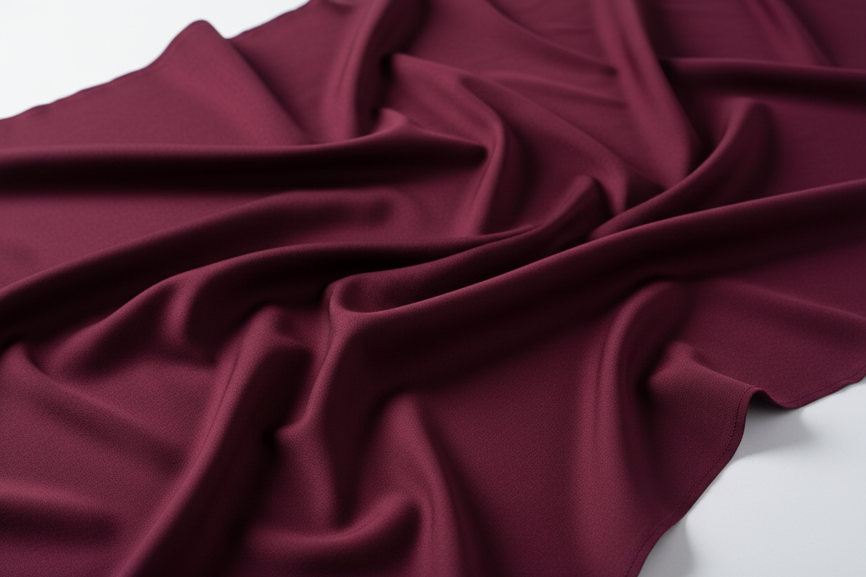 Close-up detail of premium wine burgundy wash and wear wrinkle-resistant fabric texture 52 inch width