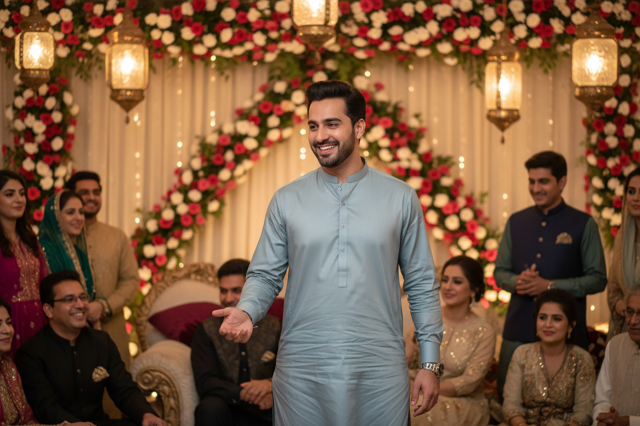 Man wearing silver grey shalwar kameez at formal family wedding event