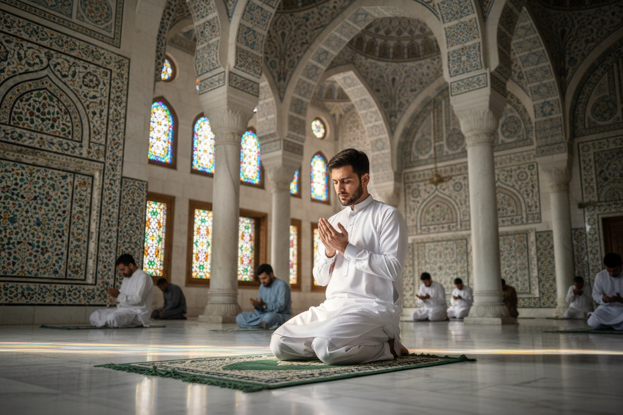 Man praying in white premium tropical wash and wear fabric shalwar kameez in mosque