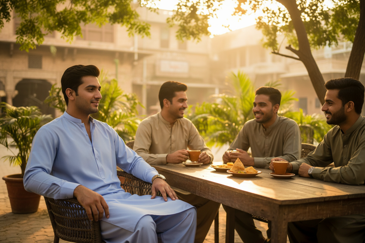 Casual lifestyle photo of man in sky blue Breeze fabric at outdoor cafe