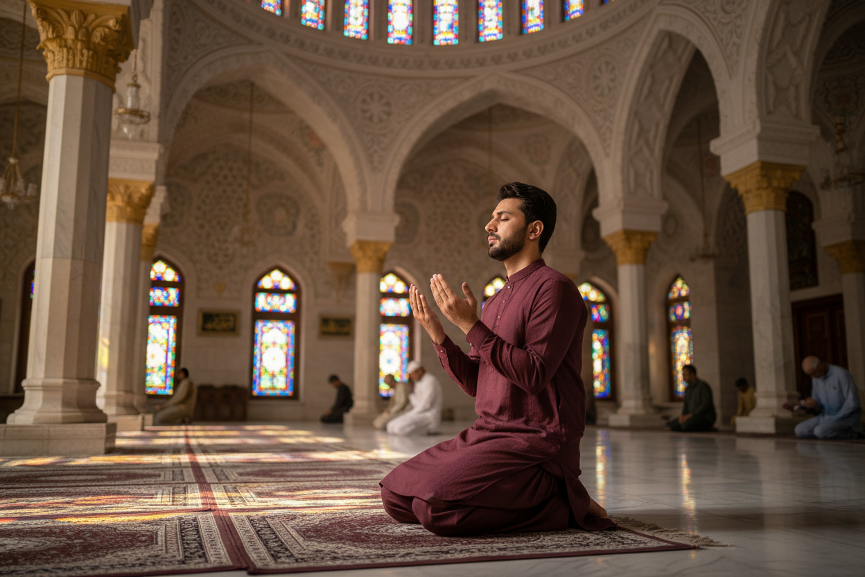 Man praying in wine burgundy premium tropical wash and wear fabric shalwar kameez in mosque