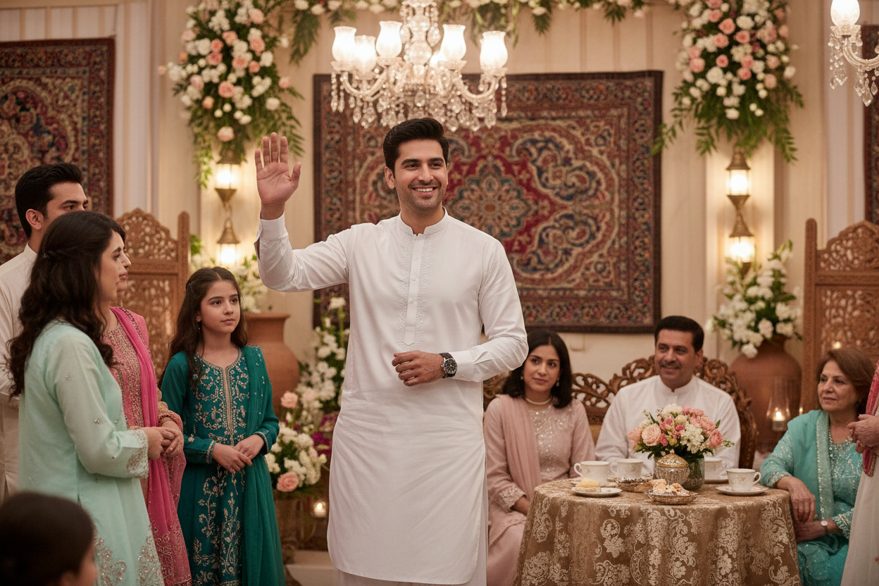 Man wearing white premium tropical fabric at formal family wedding event celebration