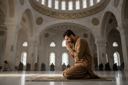Man praying in tawny brown premium tropical wash and wear fabric shalwar kameez in mosque