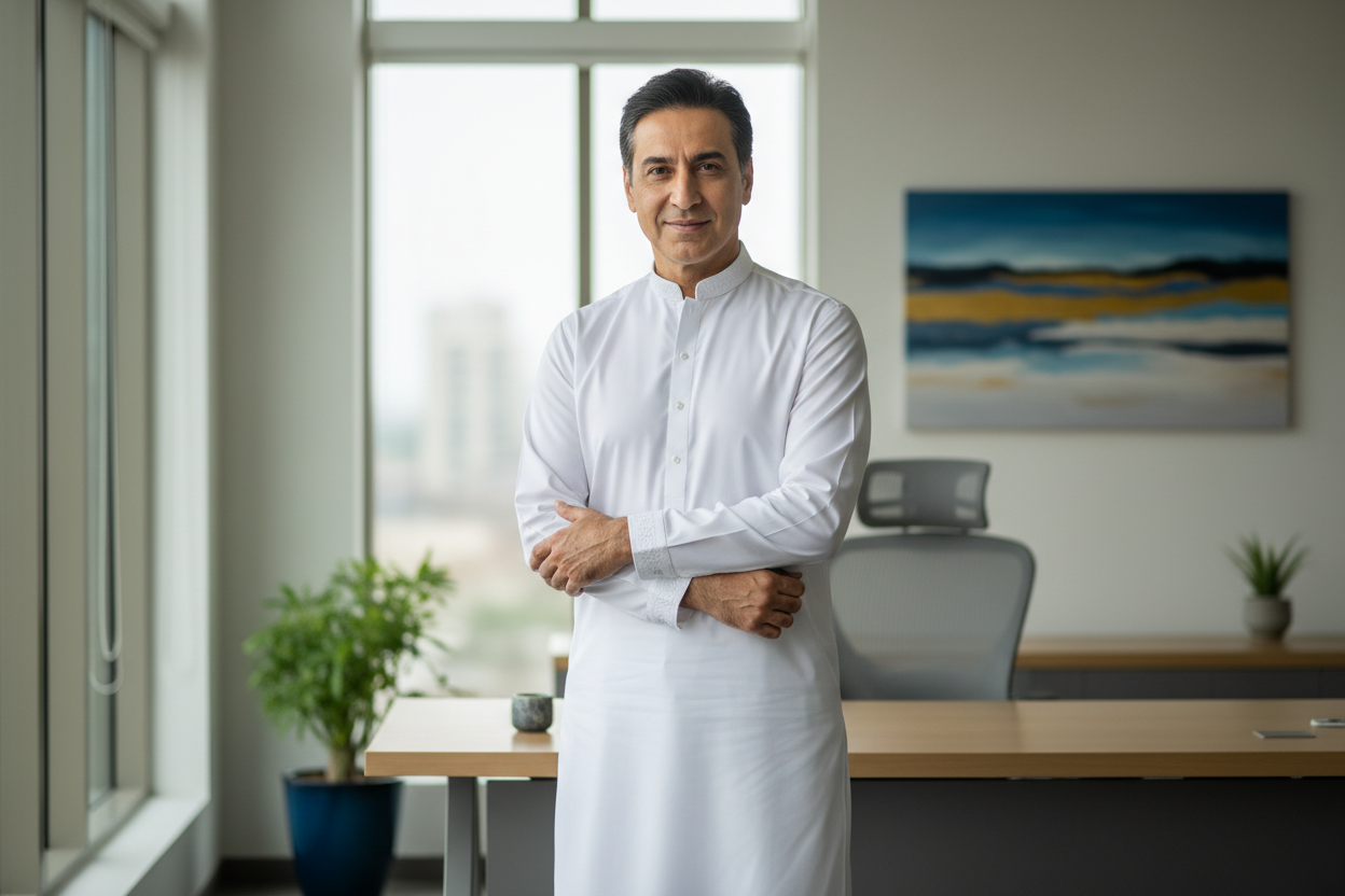 Pakistani man wearing crisp white Breeze premium wash and wear fabric in modern office business setting