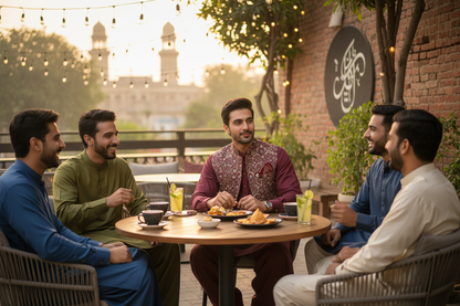 Casual lifestyle photo of man in wine burgundy Breeze fabric at outdoor cafe social gathering