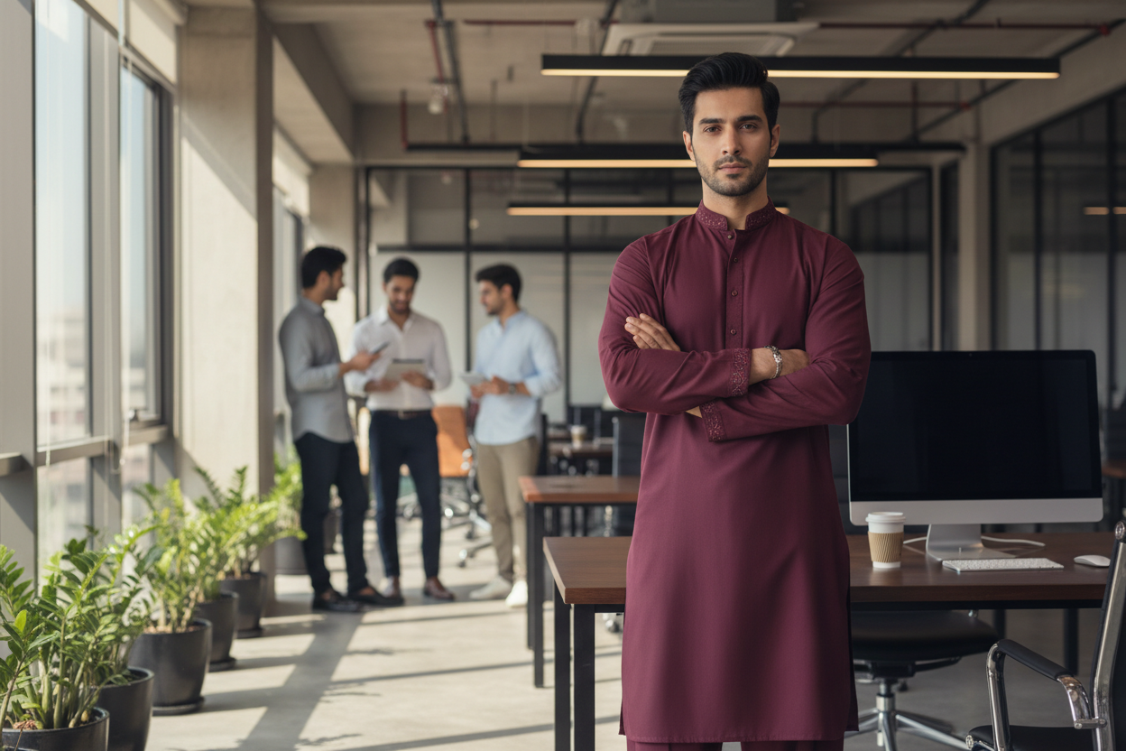 Pakistani man wearing wine burgundy Breeze premium wash and wear fabric in modern office business setting