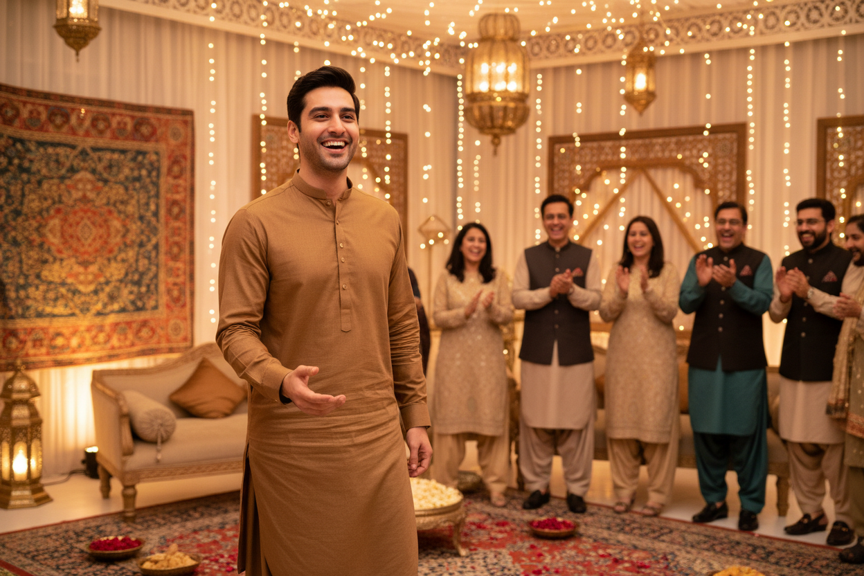 Man wearing tawny brown shalwar kameez at formal family wedding event