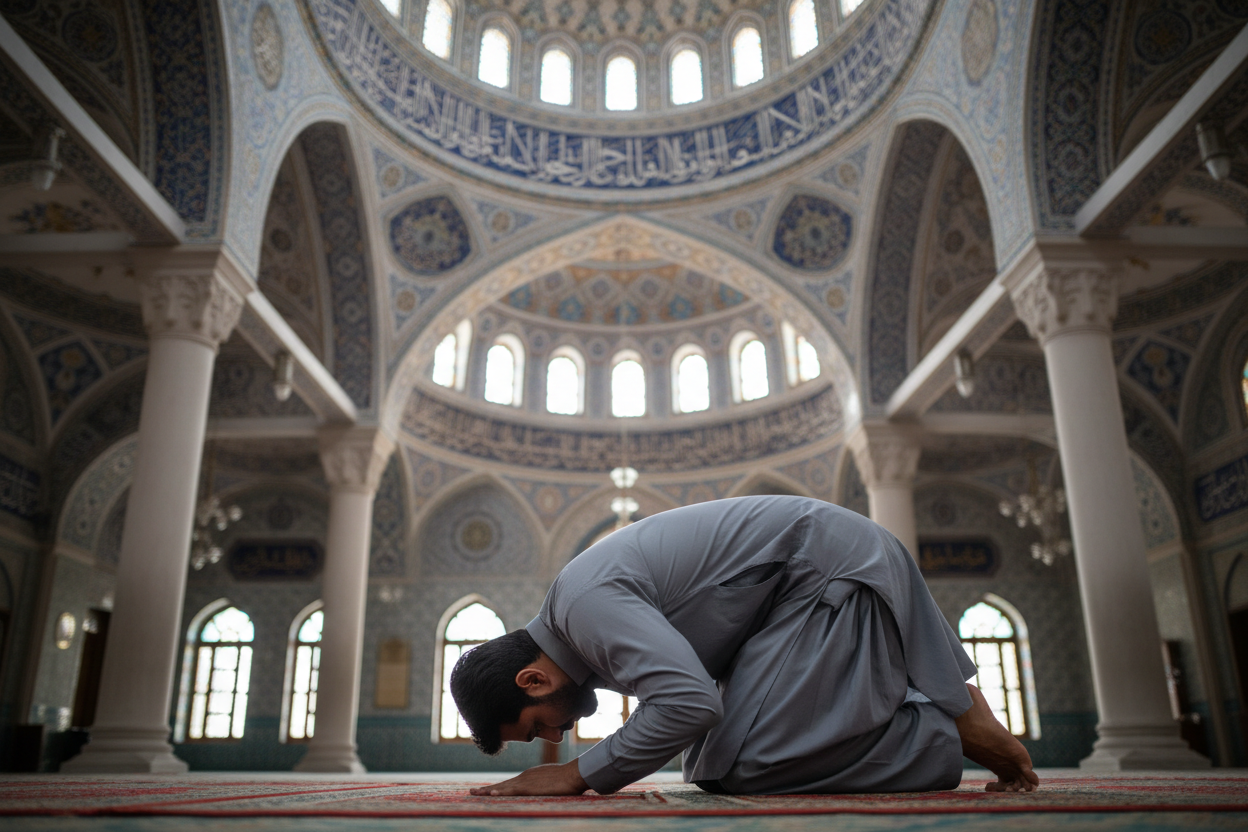 Man praying in silver grey premium wash and wear shalwar kameez in mosque
