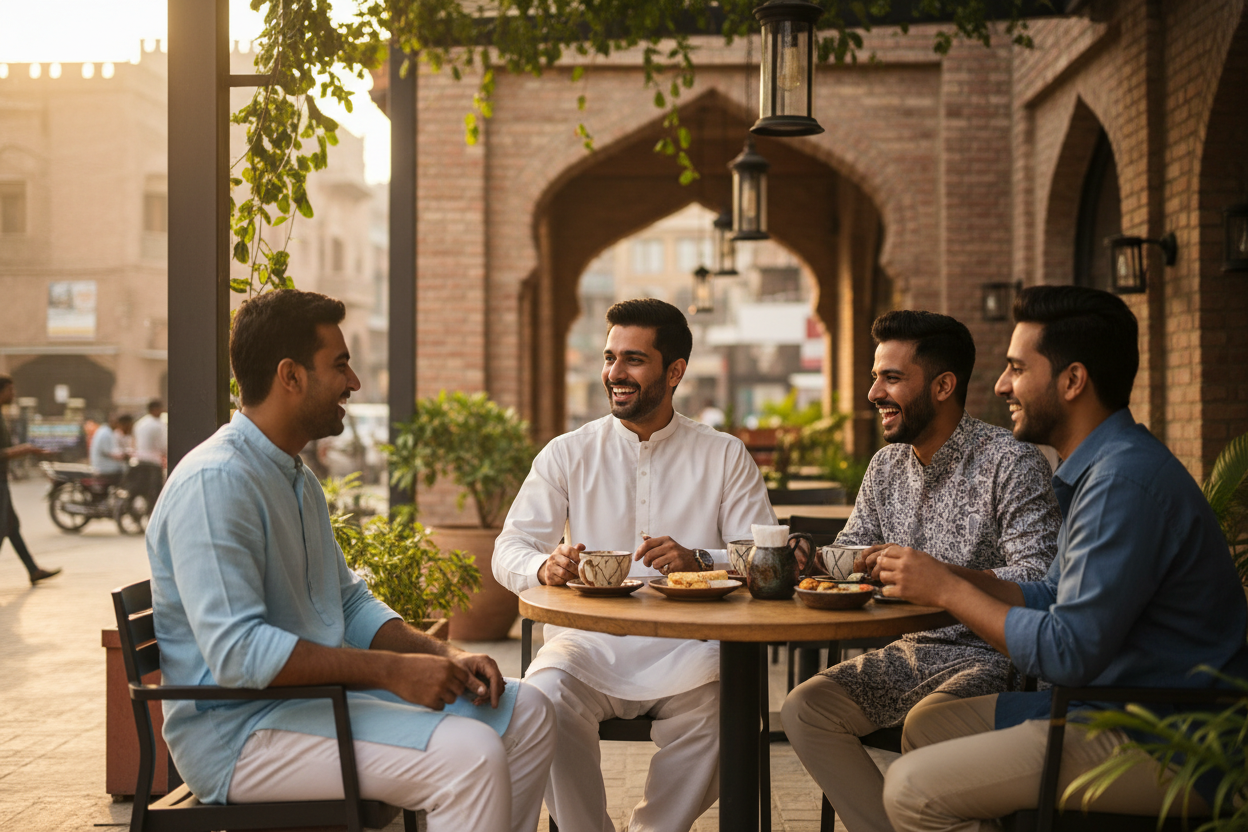 Casual lifestyle photo of man in white Breeze fabric at outdoor cafe social gathering